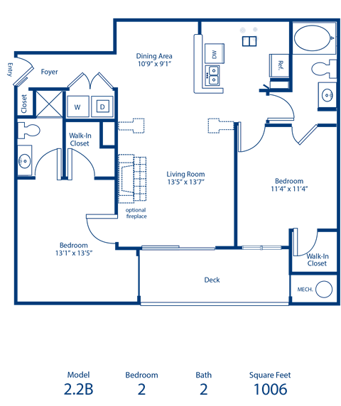 Floor plan for 2 beds, 2 baths, 1006 sqft